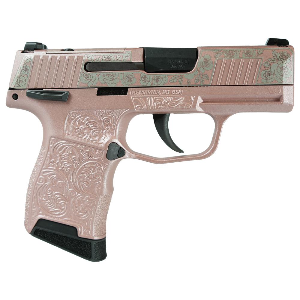 Sig Sauer Exclusive "Rose Gold N Roses" P365-380 Handgun 380 Auto 10rd Magazine 3.1" Barrel Black Manual Safety Picture of Sig Sauer Sig P365-380-BSS-MS Nitron Pistol Full Rose Gold Roses
