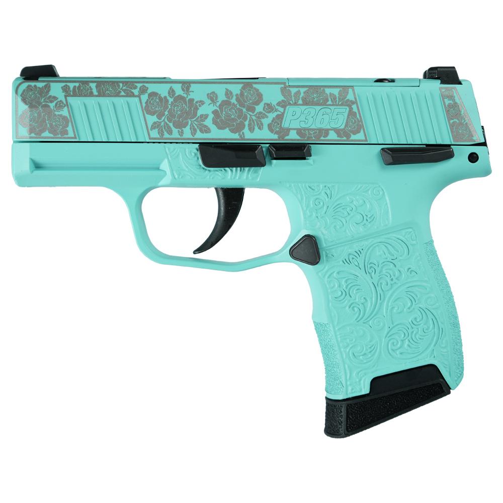 Sig Sauer Exclusive "Robin's Egg Blue and Roses" P365-380 Handgun 380 Auto 10rd Magazine 3.1" Barrel Black Manual Safety Picture of Sig Sauer Sig P365-380-BSS-MS Nitron Pistol Full Robins Egg Blue Roses