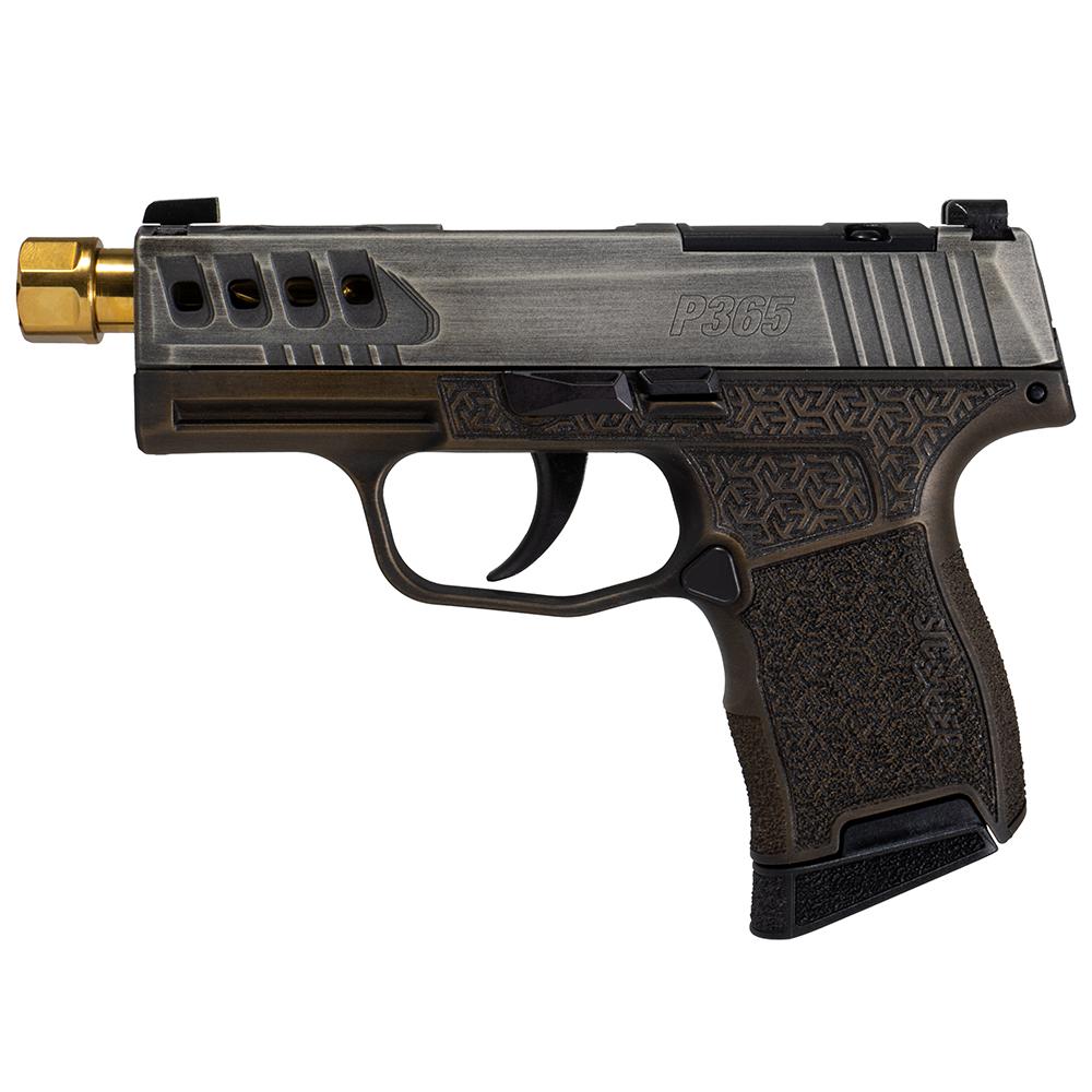 Sig Sauer P365 "Gold Bug" Handgun 9mm luger 10rd Magazines(2) 3.7" Threaded Gold Barrel Tactical Cut Distressed Grey Slide/Brown Grip Octagon Stippling Picture of Sig Sauer P3659mm3.1inStriker10rdDist Gr Slide & Br Grip Oct Stipp Gold Barrel