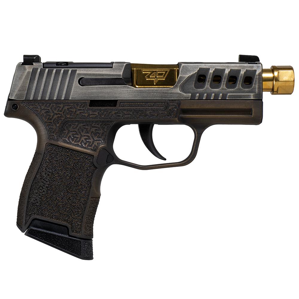 Sig Sauer P365 "Gold Bug" Handgun 9mm luger 10rd Magazines(2) 3.7" Threaded Gold Barrel Tactical Cut Distressed Grey Slide/Brown Grip Octagon Stippling