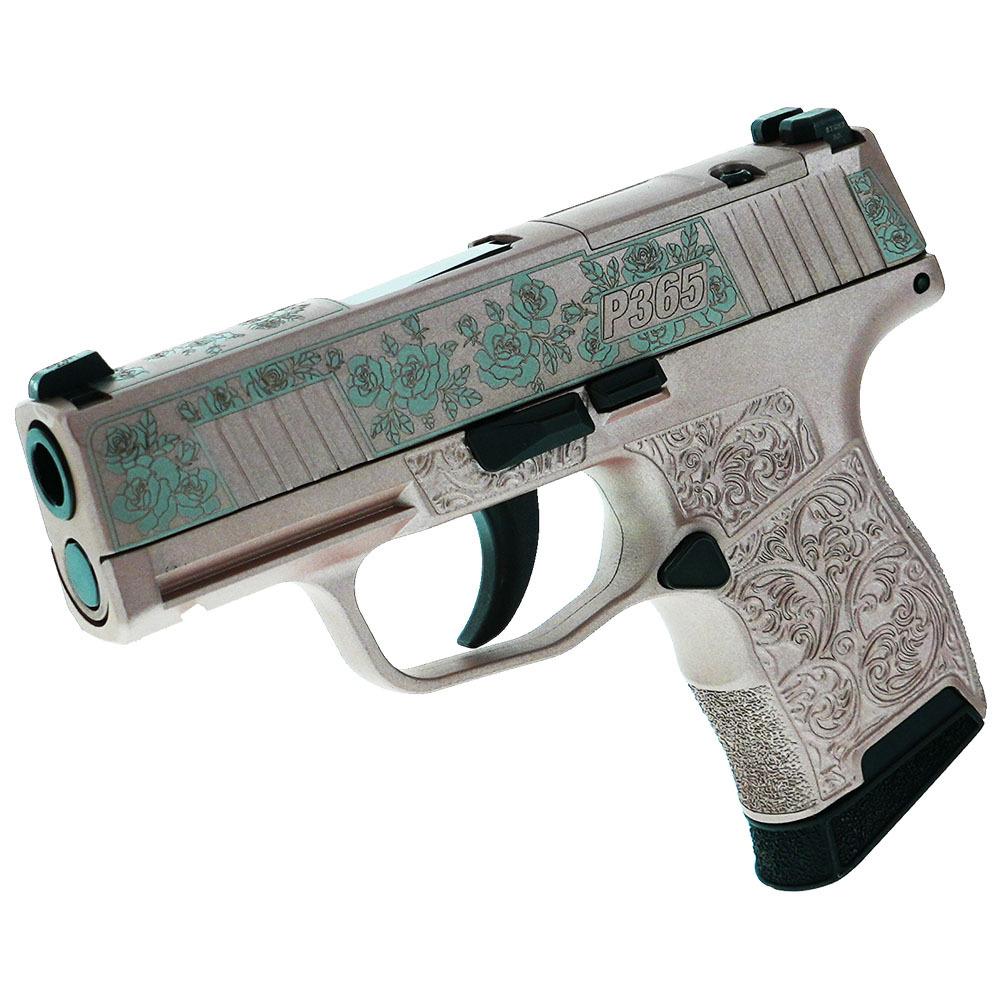 Sig Sauer "Guns & Roses Rose Gold" P365 Optic Ready Handgun 9mm Luger 10rd Magazines(2) 3.1" Barrel X-RAY 3 Sights Picture of Sig Sauer P365 9MM 3.1 BLK STRIKR XRAY3 OPTIC READY 2 MAGS-Roses Rose Gold