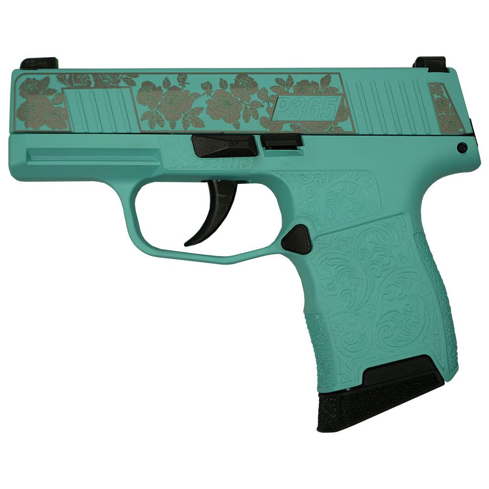 Sig Sauer "Gun & Roses-Robin's Egg Blue" P365 Optic Ready Handgun 9mm Luger 10rd Magazines(2) 3.1" Barrel X-RAY 3 Sights Picture of Sig Sauer P365 9MM 3.1 BLK STRIKR X-RAY3 OPTIC READY 2 MAGS-Roses Robins Egg Blue