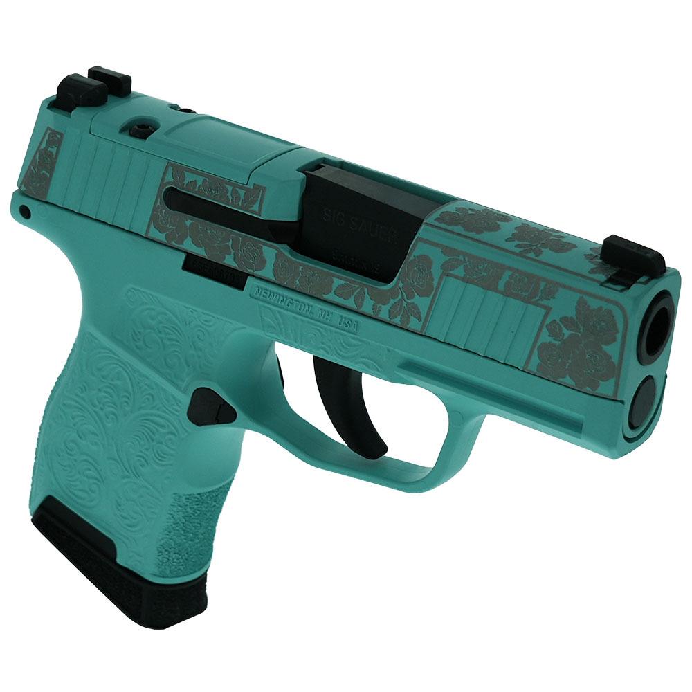 Sig Sauer "Gun & Roses-Robin's Egg Blue" P365 Optic Ready Handgun 9mm Luger 10rd Magazines(2) 3.1" Barrel X-RAY 3 Sights Picture of Sig Sauer P365 9MM 3.1 BLK STRIKR X-RAY3 OPTIC READY 2 MAGS-Roses Robins Egg Blue