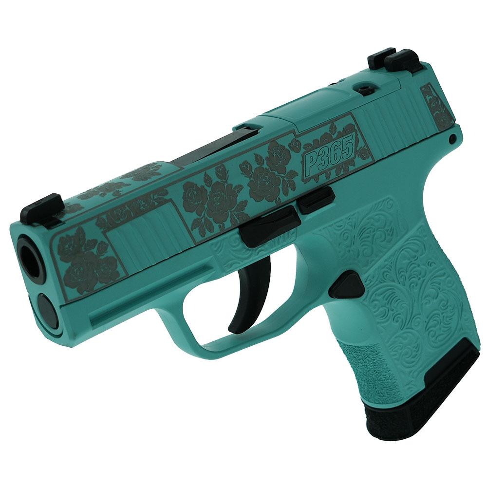 Sig Sauer "Gun & Roses-Robin's Egg Blue" P365 Optic Ready Handgun 9mm Luger 10rd Magazines(2) 3.1" Barrel X-RAY 3 Sights Picture of Sig Sauer P365 9MM 3.1 BLK STRIKR X-RAY3 OPTIC READY 2 MAGS-Roses Robins Egg Blue