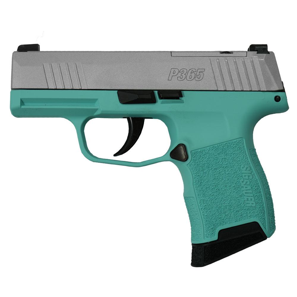 Sig Sauer "Silver Slide/Robin's Egg Blue Frame" P365 Optic Ready Handgun 9mm Luger 10rd Magazines(2) 3.1" Barrel X-RAY 3 Sights Picture of Sig Sauer P365 9MM 3.1 BLK STRIKR XRAY3 OR 2 MAG-Robins Egg Blue Fram Slvr Sl