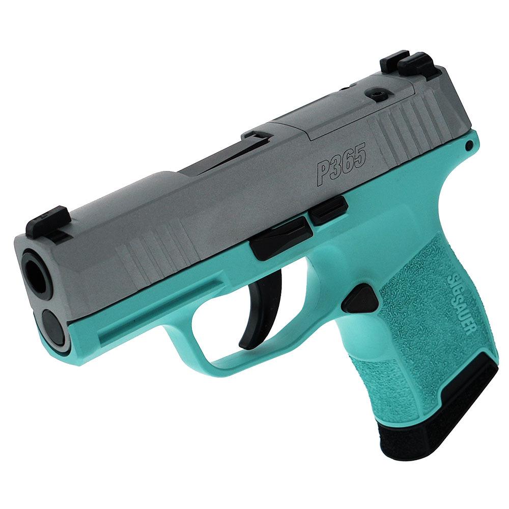 Sig Sauer "Silver Slide/Robin's Egg Blue Frame" P365 Optic Ready Handgun 9mm Luger 10rd Magazines(2) 3.1" Barrel X-RAY 3 Sights Picture of Sig Sauer P365 9MM 3.1 BLK STRIKR XRAY3 OR 2 MAG-Robins Egg Blue Fram Slvr Sl
