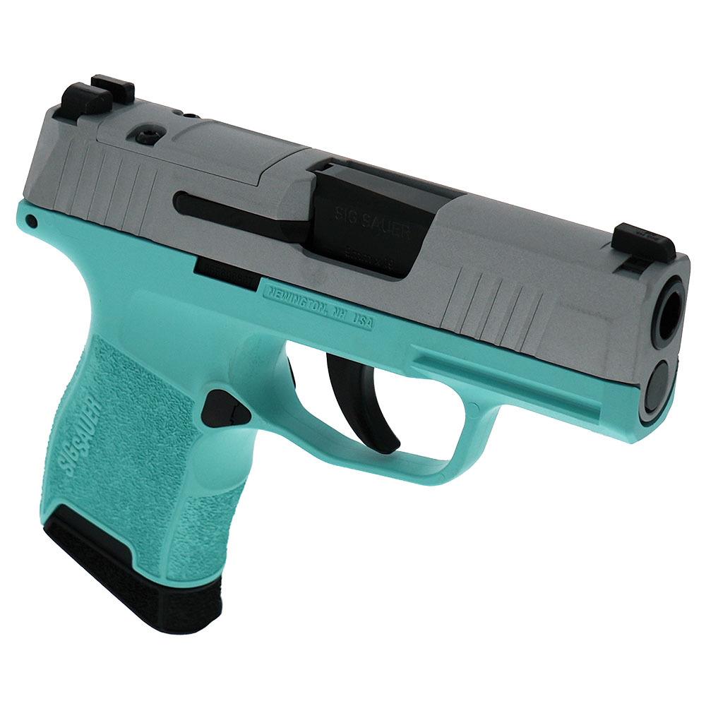 Sig Sauer "Silver Slide/Robin's Egg Blue Frame" P365 Optic Ready Handgun 9mm Luger 10rd Magazines(2) 3.1" Barrel X-RAY 3 Sights Picture of Sig Sauer P365 9MM 3.1 BLK STRIKR XRAY3 OR 2 MAG-Robins Egg Blue Fram Slvr Sl