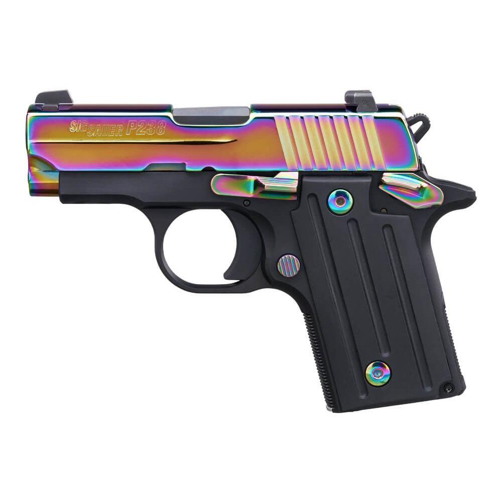 Sig Sauer P238 Titanium Rainbow SAO Handgun .380 Auto 6rd Magazines(2) 2.7" Barrel G10 Grips Night Sights Picture of Sig Sauer P238 380 ACP 2.7 '' RAINBOW TITANIUM SAO SIGLITE G10 GRIP 6 RD STEEL MAG