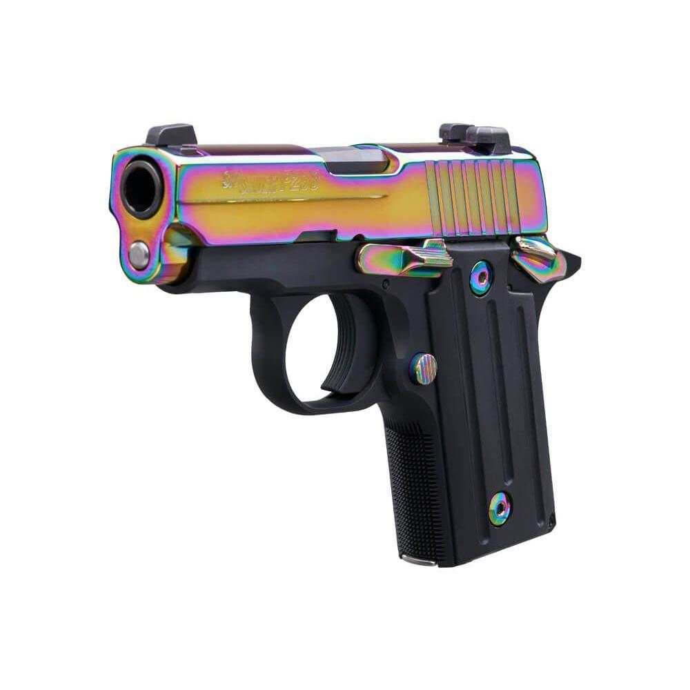 Sig Sauer P238 Titanium Rainbow SAO Handgun .380 Auto 6rd Magazines(2) 2.7" Barrel G10 Grips Night Sights Picture of Sig Sauer P238 380 ACP 2.7 '' RAINBOW TITANIUM SAO SIGLITE G10 GRIP 6 RD STEEL MAG