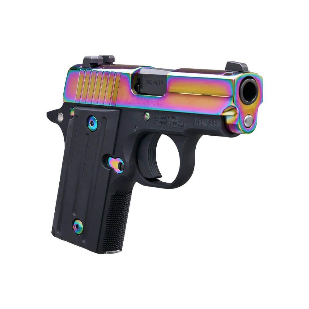 Sig Sauer P238 Titanium Rainbow SAO Handgun .380 Auto 6rd Magazines(2) 2.7" Barrel G10 Grips Night Sights Picture of Sig Sauer P238 380 ACP 2.7 '' RAINBOW TITANIUM SAO SIGLITE G10 GRIP 6 RD STEEL MAG