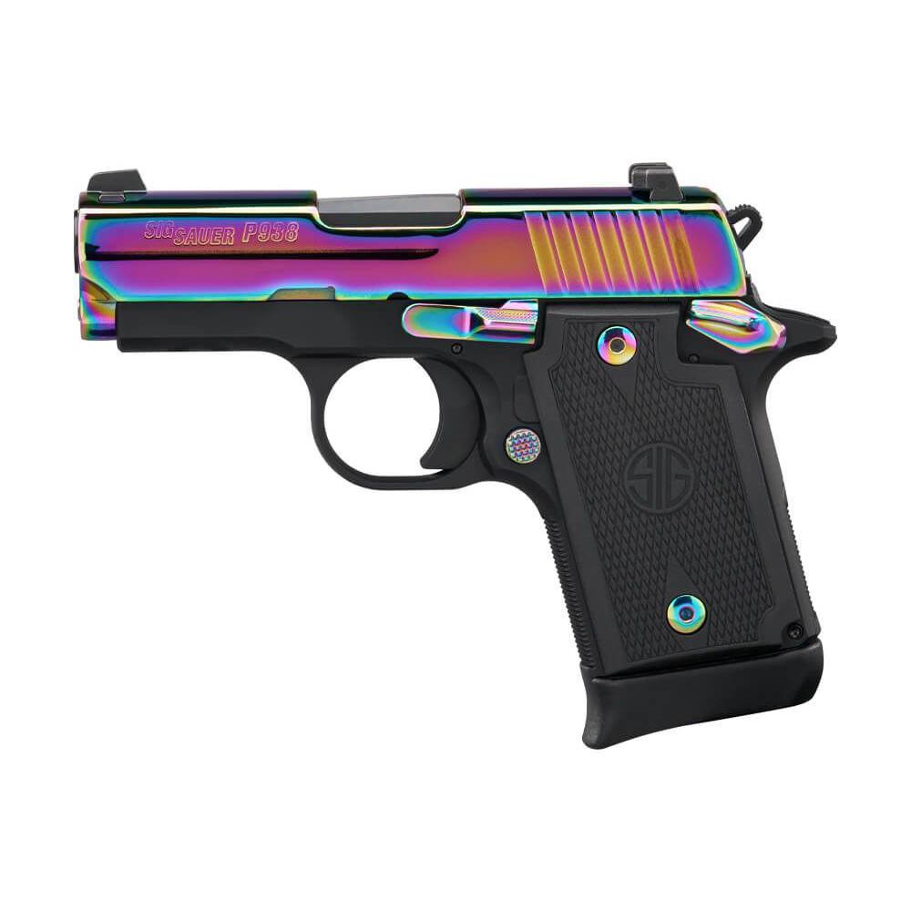 Sig Sauer P938 Titanium Rainbow SAO Handgun 9mm Luger 7rd Magazines(2) 3" Barrel G10 Grips Picture of Sig Sauer P938 9MM 3'' RAINBOW TITANIUM SAO SIGLITE G10 GRIP 7RD STEEL MAG AMBI SFTY