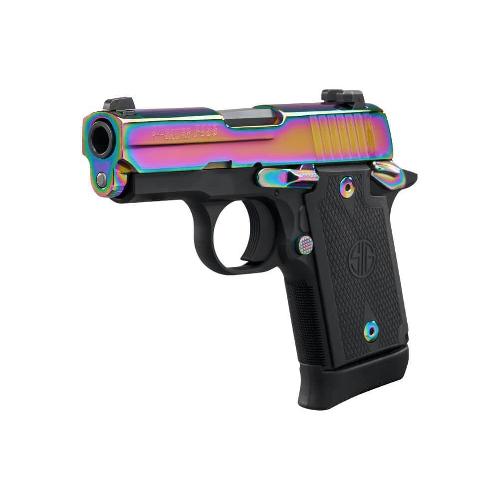 Sig Sauer P938 Titanium Rainbow SAO Handgun 9mm Luger 7rd Magazines(2) 3" Barrel G10 Grips Picture of Sig Sauer P938 9MM 3'' RAINBOW TITANIUM SAO SIGLITE G10 GRIP 7RD STEEL MAG AMBI SFTY