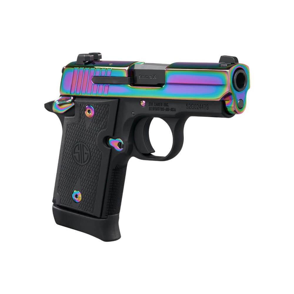 Sig Sauer P938 Titanium Rainbow SAO Handgun 9mm Luger 7rd Magazines(2) 3" Barrel G10 Grips Picture of Sig Sauer P938 9MM 3'' RAINBOW TITANIUM SAO SIGLITE G10 GRIP 7RD STEEL MAG AMBI SFTY