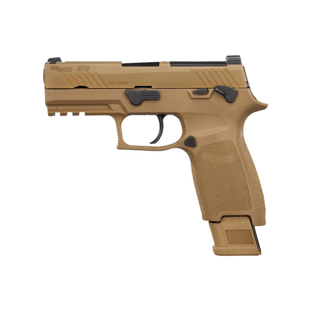 Sig Sauer M18 Coyote OR Compact Handgun 17(1) &21(2)rd Magazines 3.9" Barrel Manual Safety Picture of Sig Sauer SIG M18 9MM (1) 17 RD (2) 21 RD Mag
