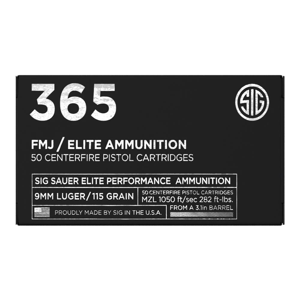 Sig Elite Performance 365 Handgun Ammunition 9mm Luger 115gr FMJ 1050 fps 50/ct Picture of Sig Sauer AMMO 9MM 115GR ELITE BALL 365 FMJ BOX/50