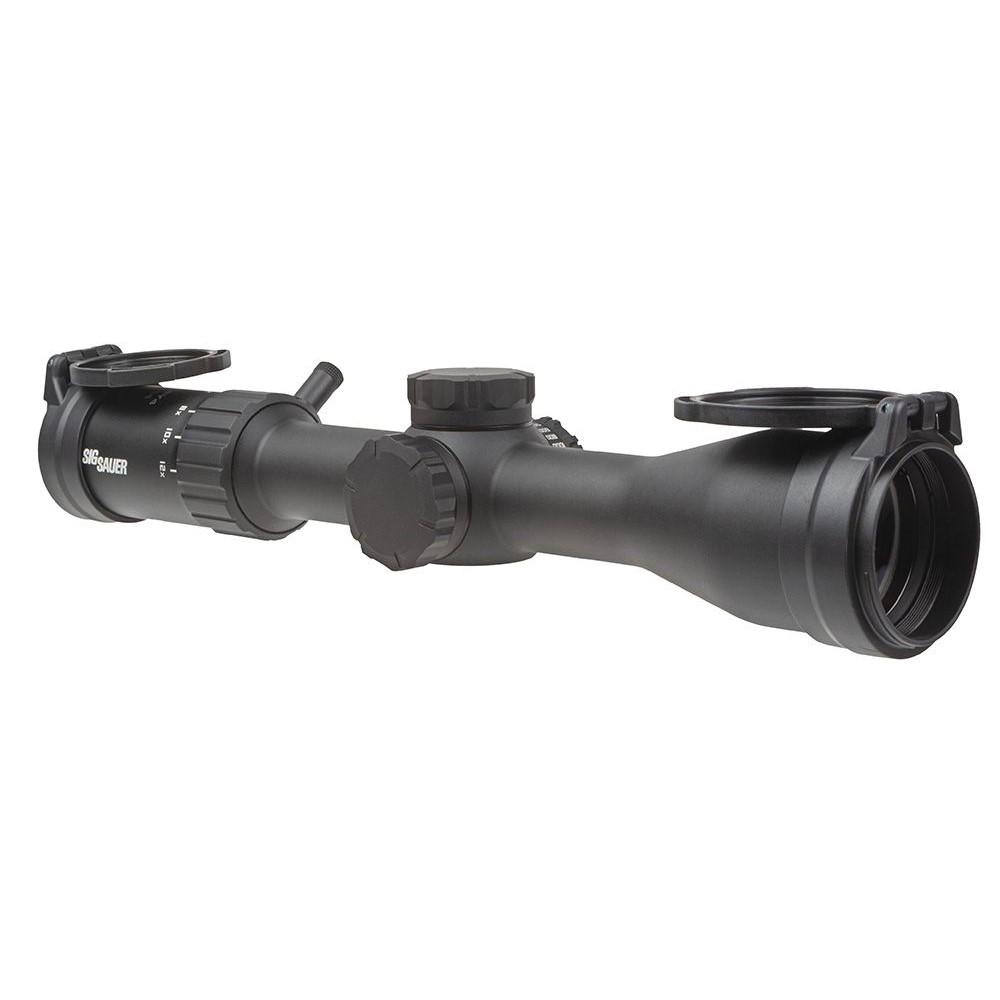 Sig Sauer Whiskey 4 Low Profile Rifle Scope 3-12x44 30mm SFP Quadplex non-Illum Capped 0.25 MOA - Black Picture of Sig Sauer WHISKEY 4 SCOPE 3-12X44MM 30MM SFP QUADPLEX RETICLE CAPPED 0.25 MOA BLK