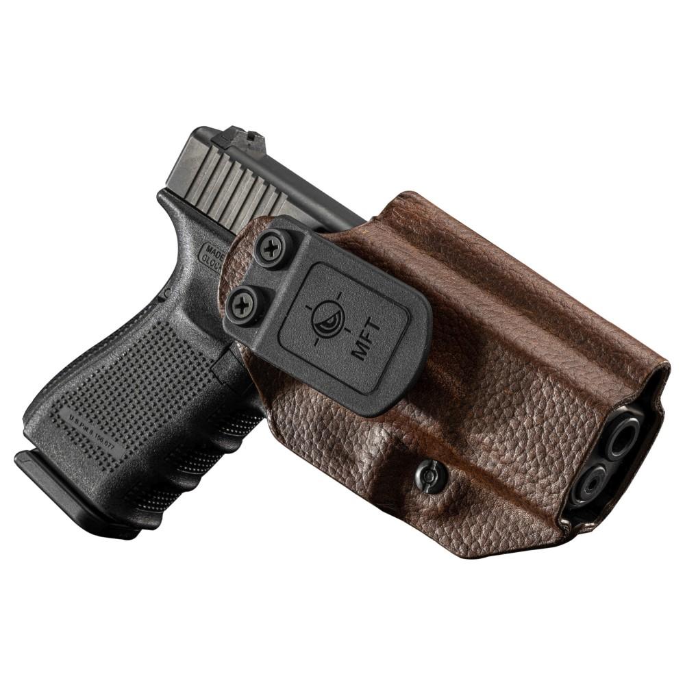 Mission First Tactical Leather Hybrid IWB/OWB Holster for Glock 19/23/44/45 Brown Ambi Picture of Mission First Tactical MFT Glock 19/23/44 Leather Hybrid IWB/OWB - Brown