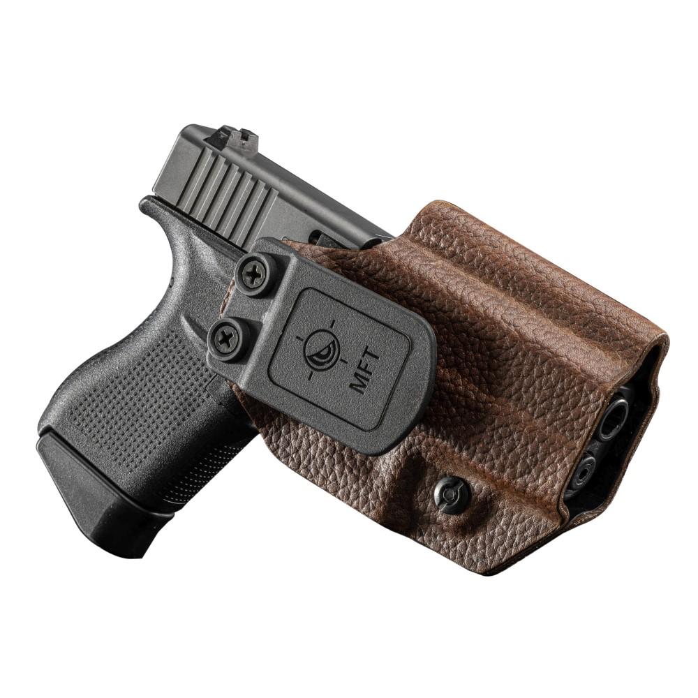 Mission First Tactical Leather Hybrid IWB/OWB Holster for Glock 43/43x Brown Ambi Picture of Mission First Tactical MFT Glock 43/43X Leather Hybrid IWB/OWB - Brown