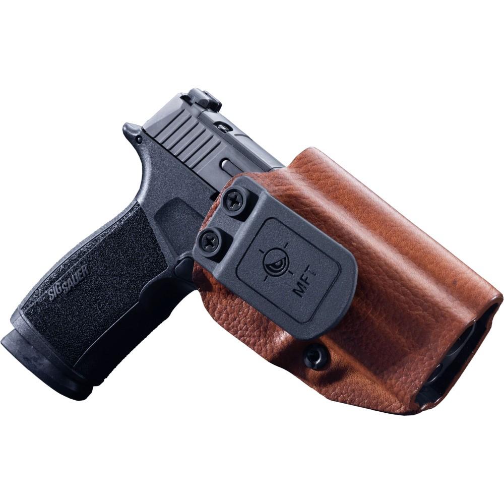 Mission First Tactical Leather Hybrid IWB/OWB Holster for Sig Sauer P365-XMacro Brown Ambi Picture of Mission First Tactical MFT Sig P365-XMACRO Leather Hybrid IWB/OWB - Brown