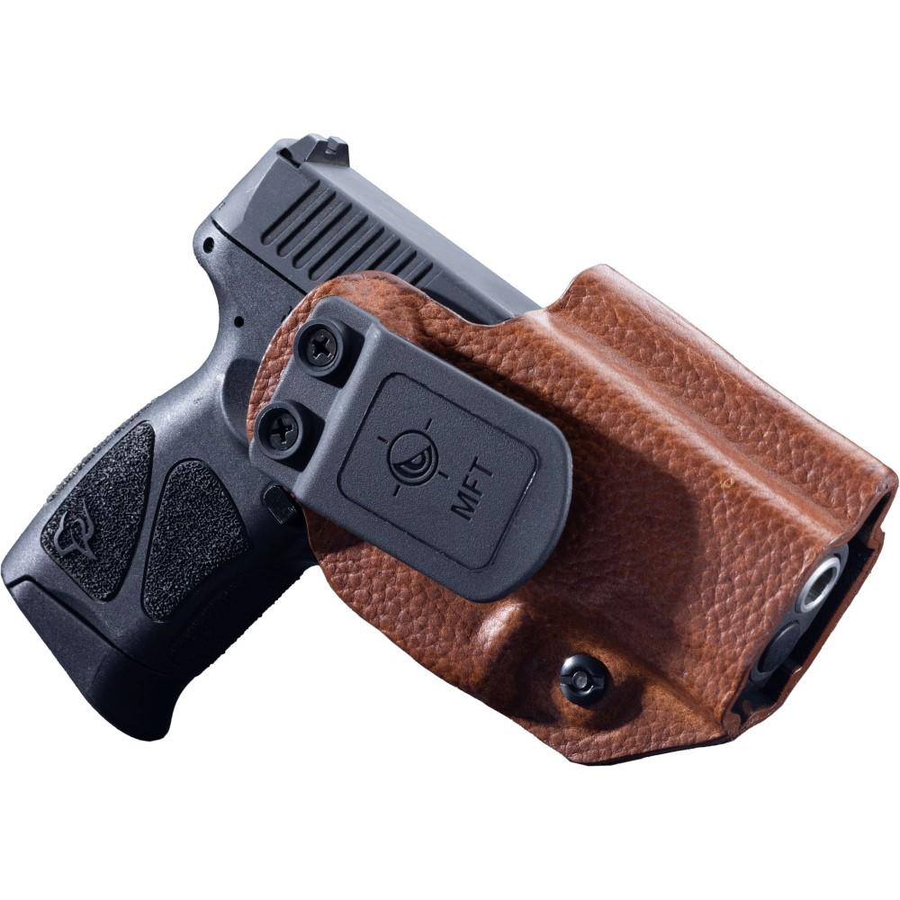 Mission First Tactical Leather Hybrid IWB/OWB Holster for Taurus PT111/G2/G2C/G2S/G3c Brown Ambi Picture of Mission First Tactical MFT Taurus PT111- G2- G2C- G2S & G3c Leather Hybrid IWB/OWB - Brown