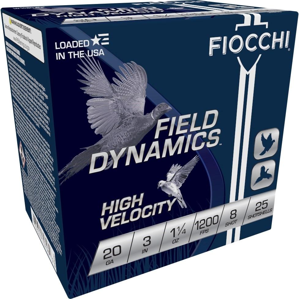 Fiocchi Field Dynamics Shotshells 20 ga 3" 1-1/4oz 1200fps #8 25/ct Picture of Fiocchi Ammunition FIOCCHI 20ga HI VELOCITY 3" 1 1/4oz #8 1200fps 25rd LEAD HUNTING