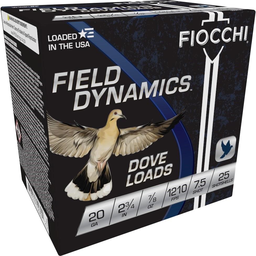 Fiocchi Lead Dove & Quail Shotshells 20ga 2-3/4 in 7/8 oz #7.5 1210 fps 25/ct Picture of Fiocchi Ammunition FIOCCHI 20ga LEAD DOVE & QUAIL 2 3/4" 7/8OZ #7.5 SHOT 1210FPS 25RD