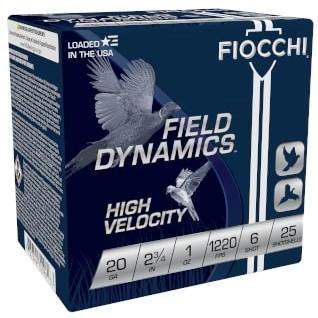 Fiocchi High-Velocity Hunting Load 20 ga 2 3/4" 2 3/4 dr 1 oz #6 1220 fps 25/ct Picture of Fiocchi Ammunition FIOCCHI 20GA HEAVY 2-3/4" 1OZ #6 1220 FPS