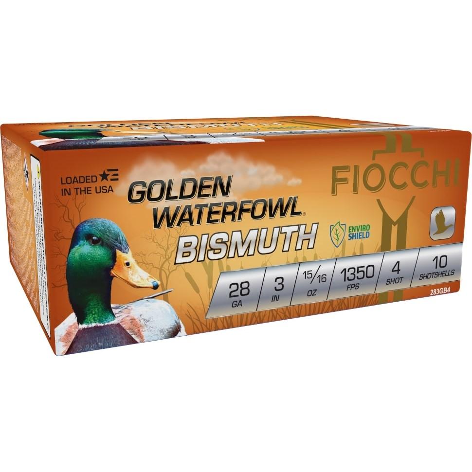 Fiocchi Golden Waterfowl Bismuth 28ga 3" 15/16oz 1350 fps #4 10/ct Picture of Fiocchi Ammunition GOLDEN WATERFOWL BISMUTH 28ga 3" 15/16oz #4 SHOT 10RD/Box 1350 fps