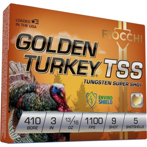 Fiocchi Golden Turkey Tungsten TSS Shotshells 410 ga 3" 13/16oz 1100 fps #9 5/ct Picture of Fiocchi Ammunition GOLDEN TURKEY TUNGSTEN TSS 410ga 3" 13/16oz #9 5RD/Box 1100 fps