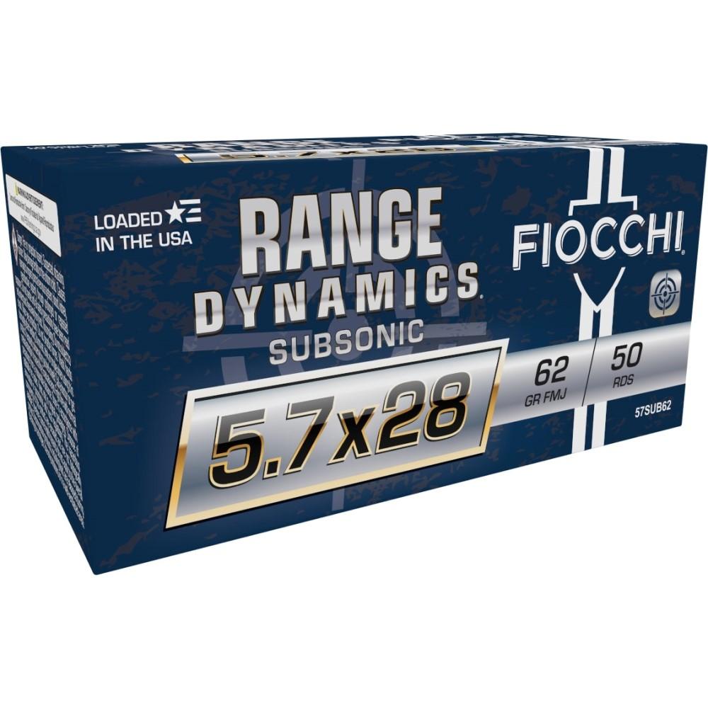 Fiocchi Range Dynamics Subsonic Handgun Ammunition 5.7x28 FN 62gr FMJ 1050 fps 50/ct Picture of Fiocchi Ammunition 5.7x28mm 62gr FMJ SubSonic 50/RD