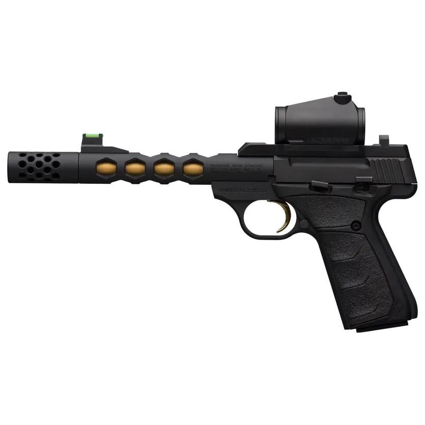 Browning Buck Mark Vision Handgun .22 LR 10rd Magazine 5.875" 1/2x28 Threaded Barrel Black Gold with Vortex Red Dot Picture of Browning Firearms Browning Buck Mark Vision BLK/GLD Suppressor Ready 22LR 10rd Mag