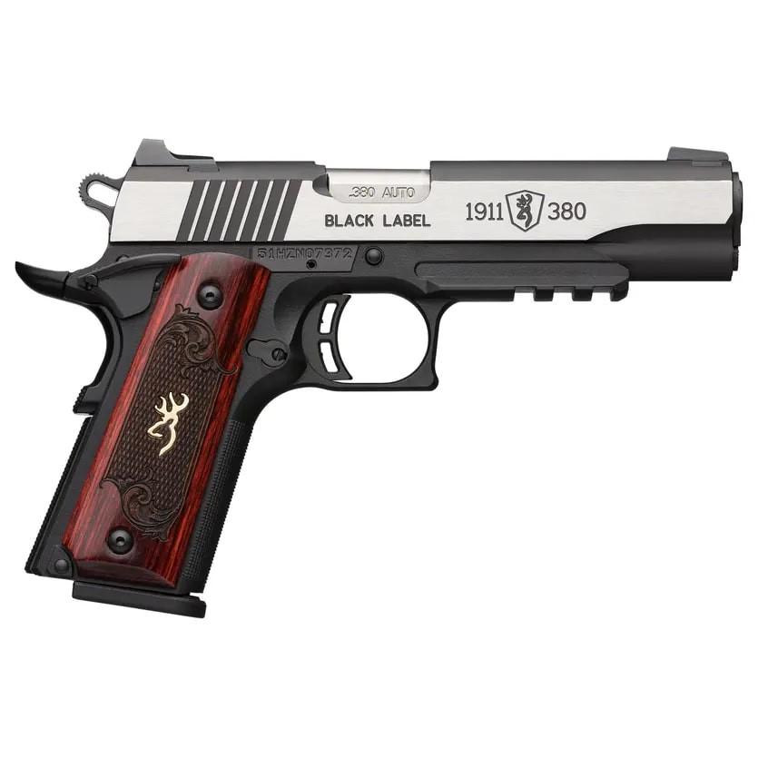 Browning 1911 380 Black Label Medallion Pro Handgun 380 ACP 8rd Magazine 4.25" Barrel Black with Silver Slide and Wood Grip 3-Dot Sights Accessory Rail Picture of Browning Firearms Browning 1911-380 ACP BLMED PRO RL FS3DT