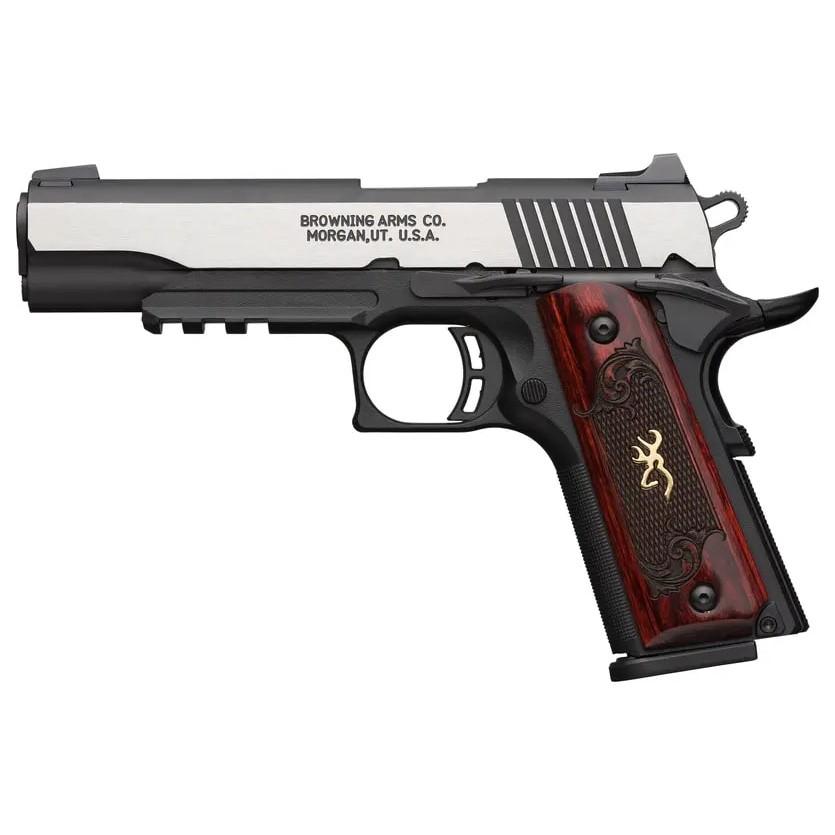 Browning 1911 380 Black Label Medallion Pro Handgun 380 ACP 8rd Magazine 4.25" Barrel Black with Silver Slide and Wood Grip 3-Dot Sights Accessory Rail Picture of Browning Firearms Browning 1911-380 ACP BLMED PRO RL FS3DT