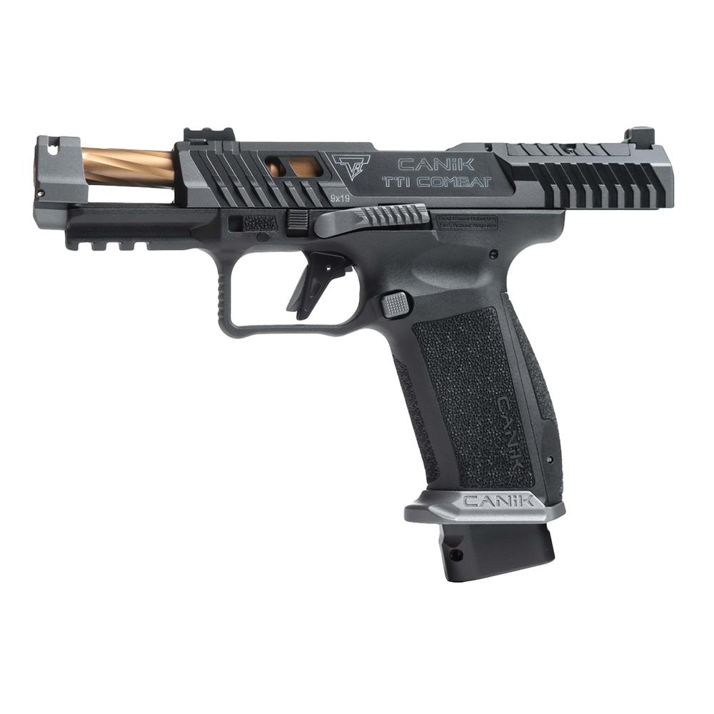 Canik TTI Combat Handgun 9mm Luger 18rd Magazines (2) 4.6" Ported Gold Barrel Smoke Picture of Century Arms Canik TTI Combat Smoke 9mm 4.6'' Barrel 18rd - Blk & Gld w/ Ported Barrel
