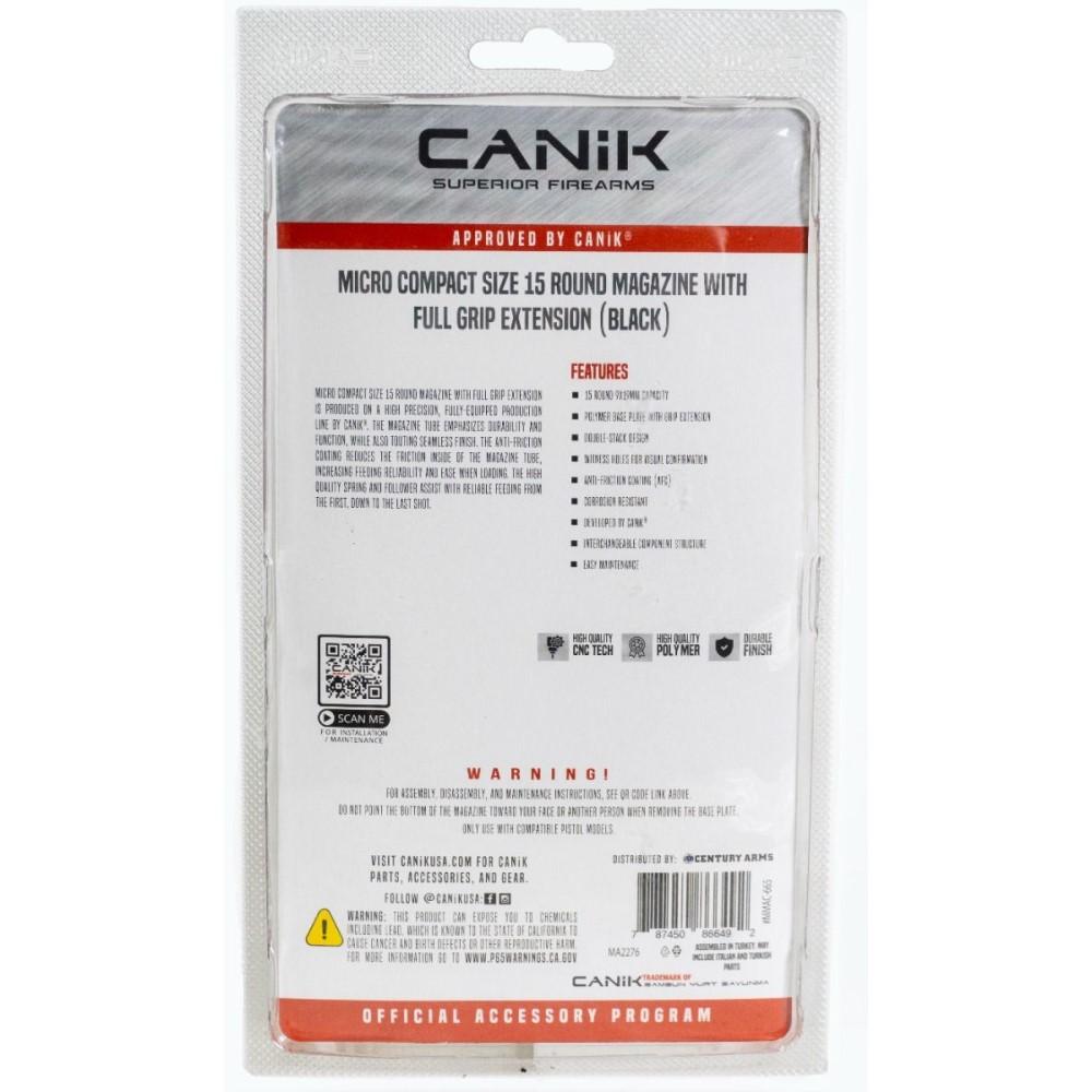Canik Mete MC9 Handgun Magazine with Full Grip Extension Black 9mm Luger 15/rd Picture of Century Arms Micro Compact Size 15 rd Magazine w/Full Group Extension Black