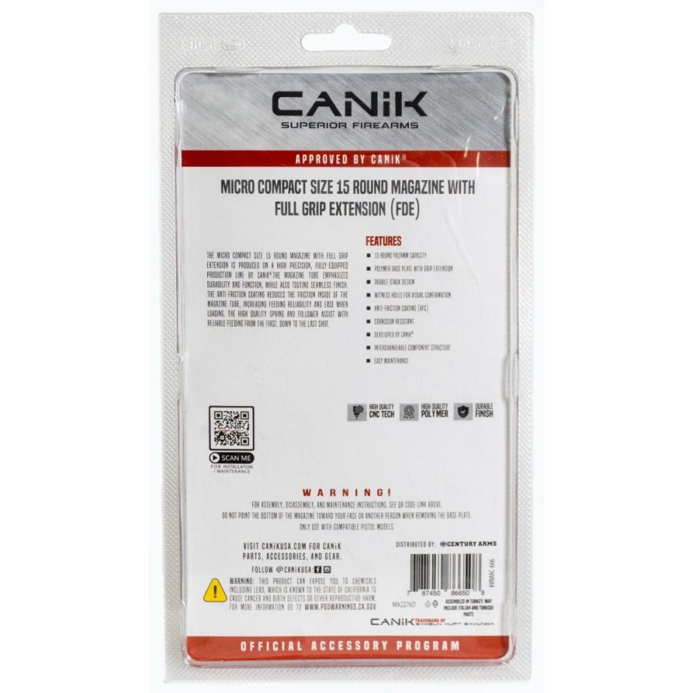 Canik Mete MC9 Handgun Magazine with Full Grip Extension FDE 9mm Luger 15/rd Picture of Century Arms Micro Compact Size 15 rd Magazine w/Full Group Extension FDE
