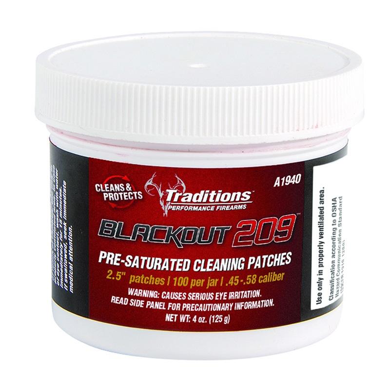 Traditions BlackOut 209 Pre-Saturated Cleaning Patches 100/Jar 2.5" DIa .45 - .58 cal Picture of Traditions Performance Firearms BlackOut 209 Pre-Saturated Cleaning Patches