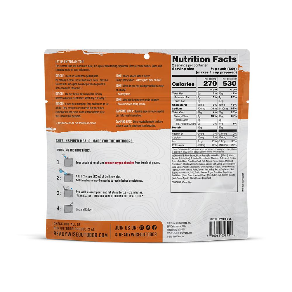 Readywise Chili Mac with Beef Single Pack Picture of ReadyWise Company ReadyWise CP Chili Mac with Beef Single Serve