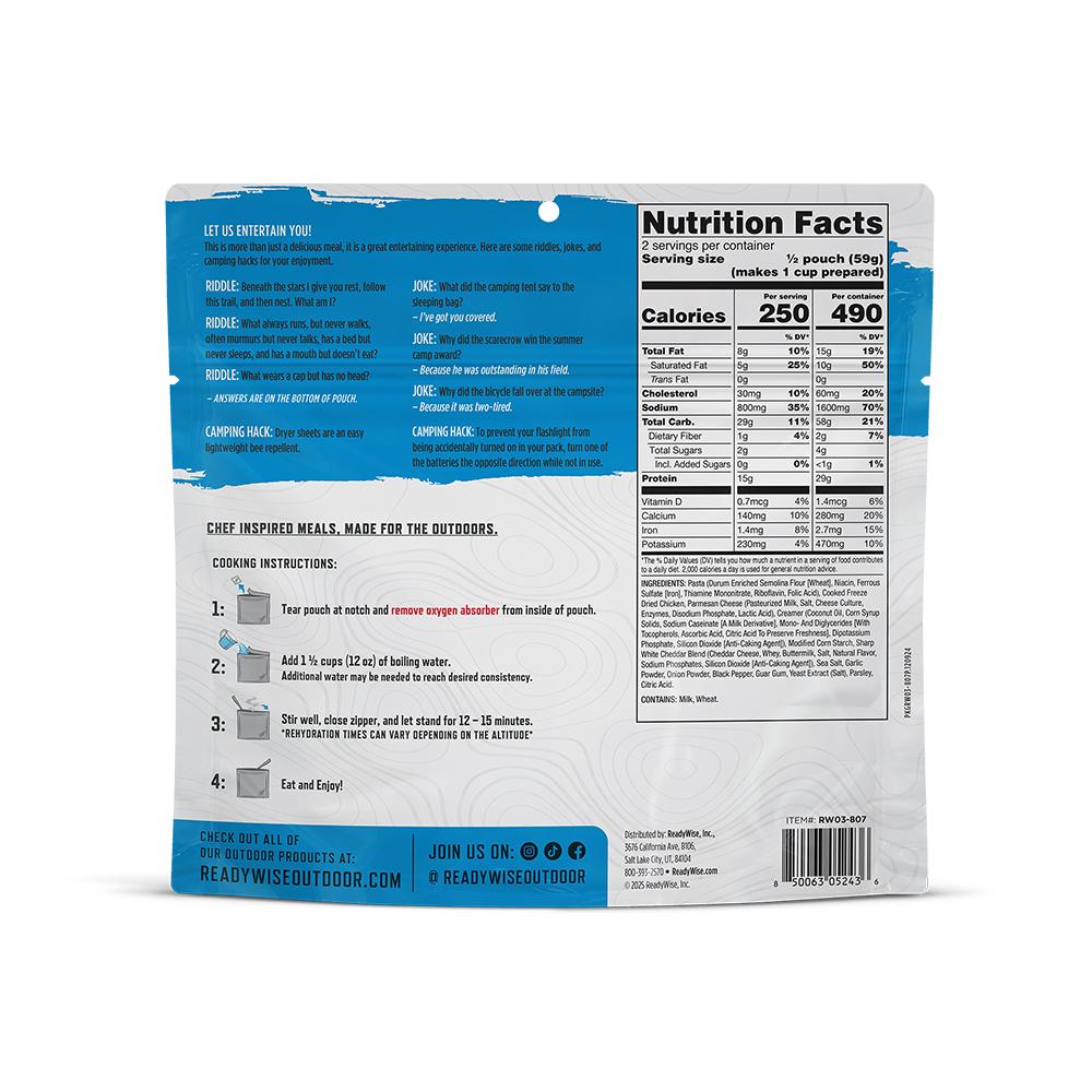 Readywise Pasta Alfredo with Chicken Single Pack Picture of ReadyWise Company ReadyWise CP Pasta Alfredo with Chicken Single Serve