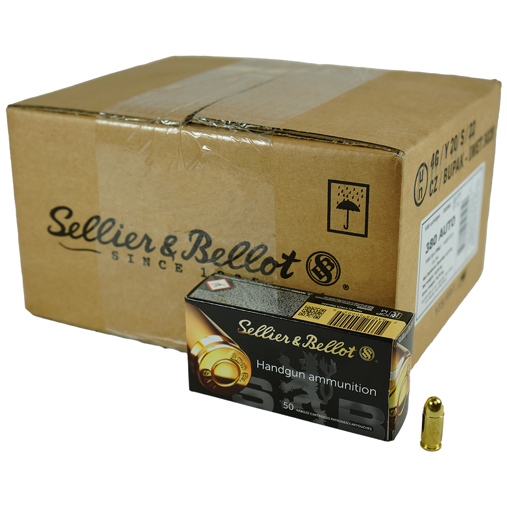 Sellier & Bellot Pistol & Revolver Ammo .380 ACP 92 gr FMJ 955fps 1000/ct Case (20 boxes 50/ct)