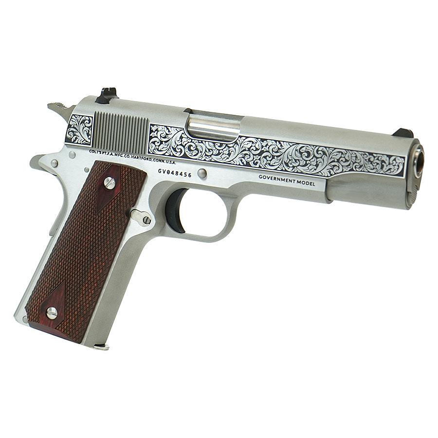 Colt Government Model "Filigree Frame and Barrel" Handgun .45 ACP 7rd Magazine 5" Barrel Stainless Frame Picture of Colt Manufacturing Government Model .45 ACP 5in Brl SS Filigree Frame and Barrel
