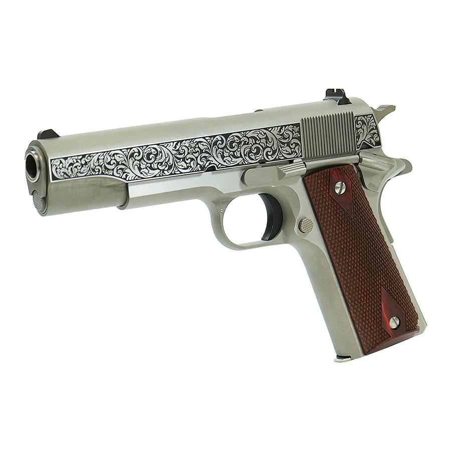 Colt Government Model "Filigree Frame and Barrel" Handgun .45 ACP 7rd Magazine 5" Barrel Stainless Frame Picture of Colt Manufacturing Government Model .45 ACP 5in Brl SS Filigree Frame and Barrel
