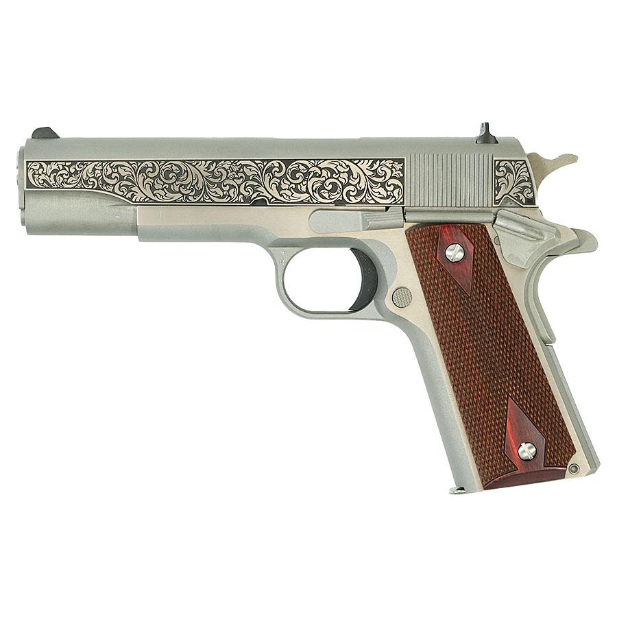 Colt Government Model "Filigree Frame and Barrel" Handgun .45 ACP 7rd Magazine 5" Barrel Stainless Frame Picture of Colt Manufacturing Government Model .45 ACP 5in Brl SS Filigree Frame and Barrel