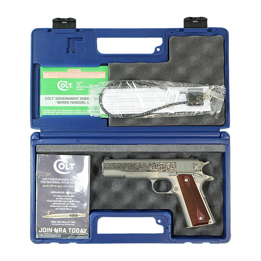 Colt Government Model "Filigree Frame and Barrel" Handgun .45 ACP 7rd Magazine 5" Barrel Stainless Frame Picture of Colt Manufacturing Government Model .45 ACP 5in Brl SS Filigree Frame and Barrel