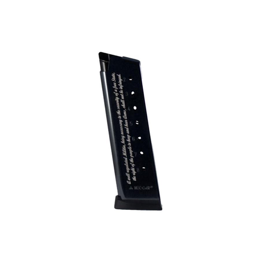 Mec-Gar 1911 Magazine .45 ACP 2nd Amendment Engraved Blued Steel 8/rd Picture of Mec-Gar Usa Inc MEC-GAR 1911 .45 ACP 8 RD 2A ENGRAVED POLYMER BASE BLUED FINISH MAGAZINE
