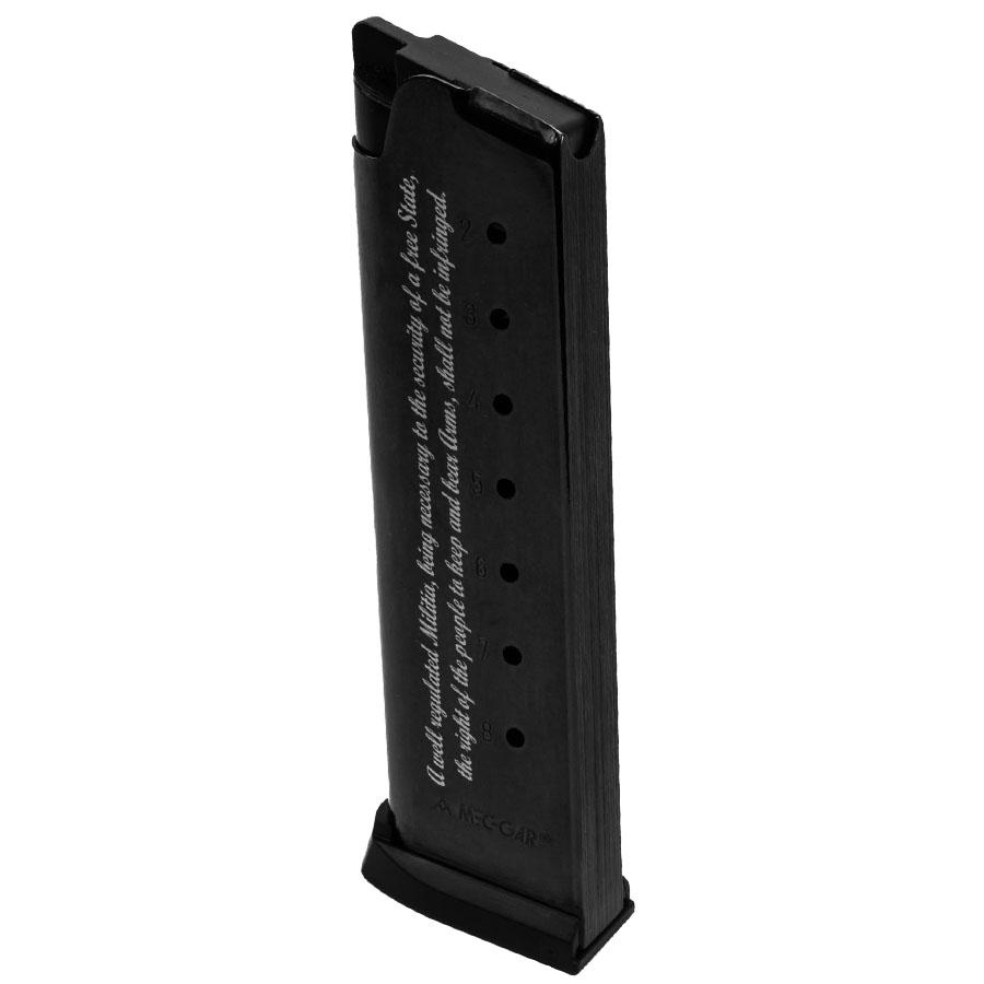 Mec-Gar 1911 Magazine .45 ACP 2nd Amendment Engraved Blued Steel 8/rd Picture of Mec-Gar Usa Inc MEC-GAR 1911 .45 ACP 8 RD 2A ENGRAVED POLYMER BASE BLUED FINISH MAGAZINE