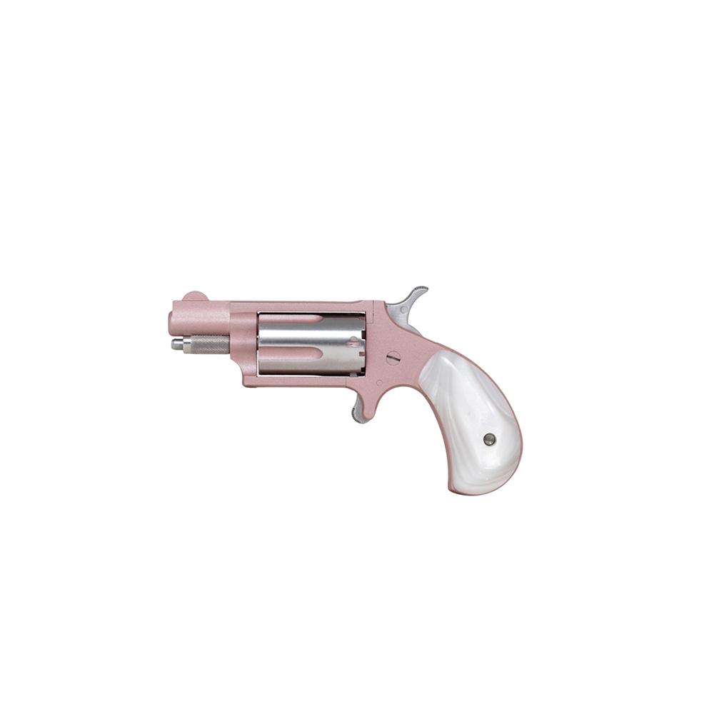 NAA 22M Rose Handgun .22 WMR 5rd Capacity 1.13" Barrel  Bird Head Pearl Grip Pink Cerekote Picture of North American Arms NAA 22MAG 1 1/8" W/ PANELED BIRD HEAD PEARL WHITE GRIP & ROSE GOLD CERAKOTE