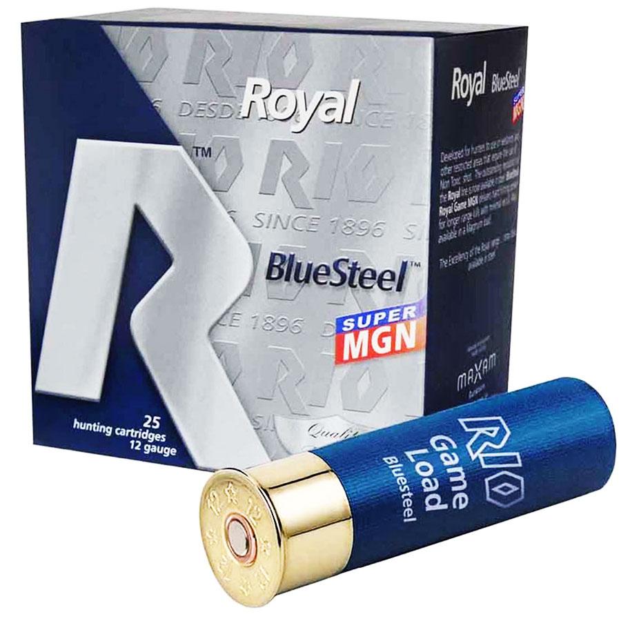 Rio Royal BlueSteel 12 ga 3 1/2" MAX 1 3/8 oz #BB 1550 fps 25/ct Picture of Rio Outdoors Corp RIO Royal BlueSteel 12GA 3.5" 1-3/8oz #BB 1550 FPS 25/RD
