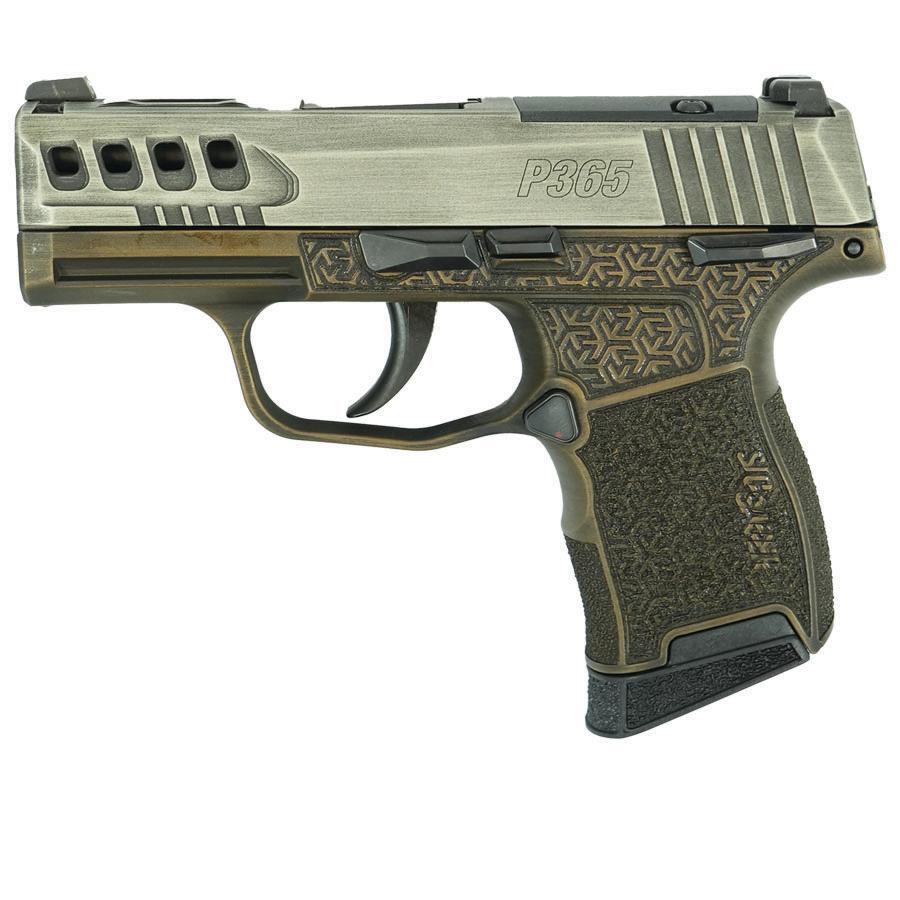 Sig Sauer Distressed Gray Slide/Brown Octagon Grip P365-380 Handgun 380 Auto 10rd Magazine 3.1" Barrel Black Manual Safety Picture of Sig Sauer Sig P365-380-BSS-MS Nitron Pistol Distress GraySlide & BrownGrip w/ OctStip