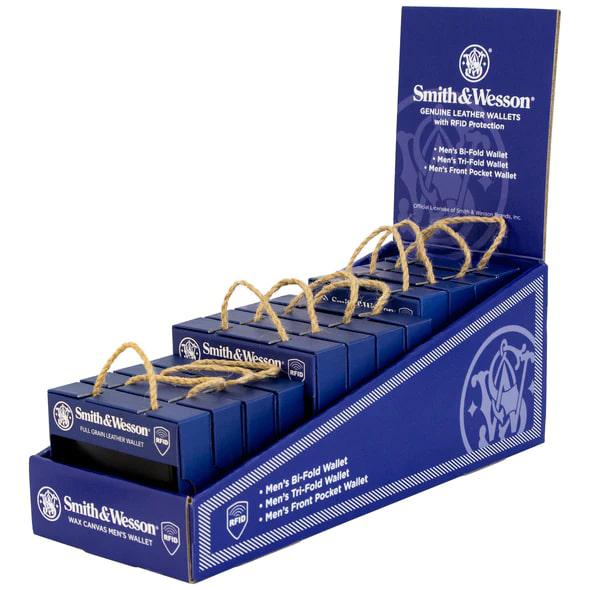 Smith & Wesson Men's Genuine Leather Wallet 12pc Counter Display Picture of Rugged Rare Smith & Wesson Men's Genuine Leather Wallet 12pc Display